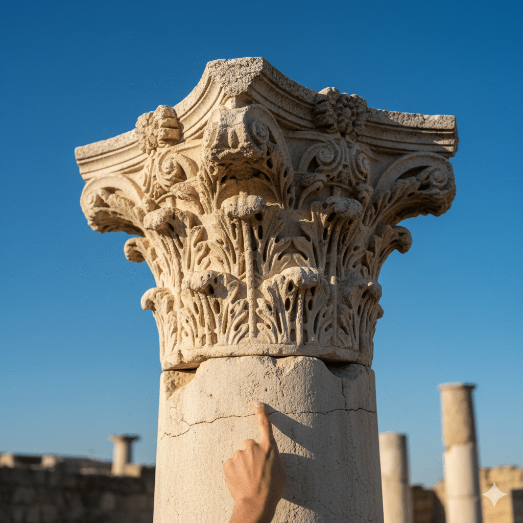 Primer plano de capitel romano en Itálica con mano de guía señalando detalles artísticos.