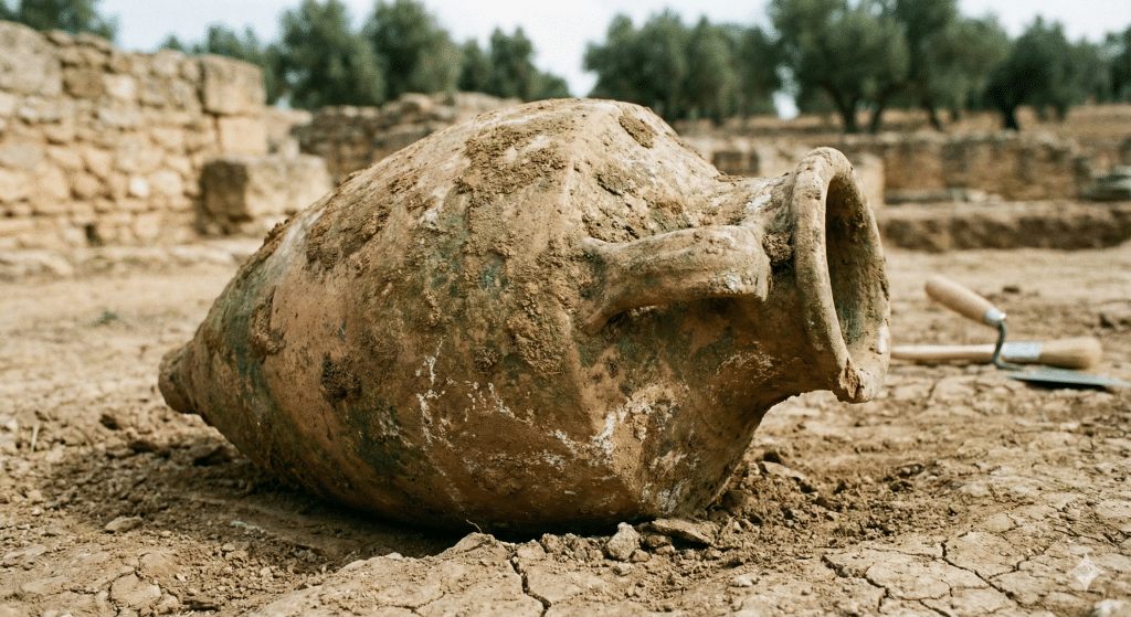 Para accesibilidad y SEO: Fotografía documental detallada de una gran ánfora romana de cerámica (tipo aceitera) antigua y desgastada, cubierta de tierra, posada en el suelo de una excavación arqueológica en las ruinas de Itálica, con muros de piedra y olivos al fondo.