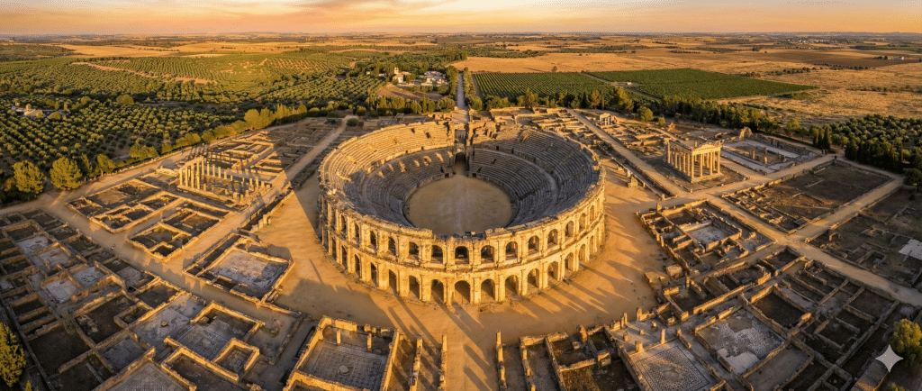 Impresionante fotografía aérea con dron al atardecer que muestra el conjunto arqueológico completo de las ruinas romanas de Itálica. El gran anfiteatro destaca en el centro, rodeado por la cuadrícula de calles y cimientos antiguos, todo bañado por una intensa luz dorada y largas sombras. Itálica en otoño