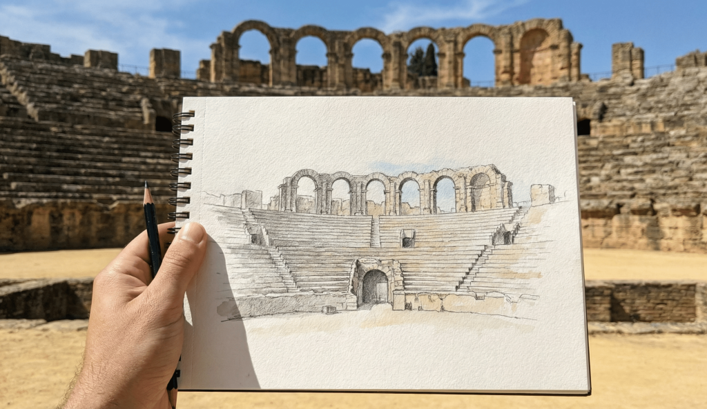 Fotografía en primera persona que muestra una mano sosteniendo un dibujo arquitectónico en papel. El dibujo completa visualmente las partes ruinosas del anfiteatro romano de Itálica que se ve al fondo, creando la ilusión de que el edificio está entero de nuevo.