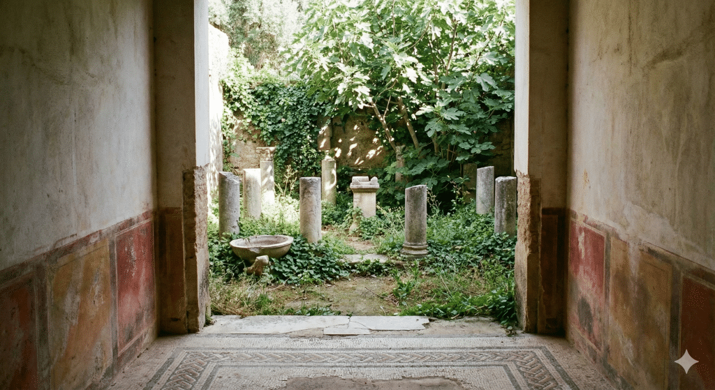 Fotografía tranquila de una zona apartada en las ruinas de una casa romana en Itálica, mostrando restos de paredes pintadas y un umbral de mosaico que da a un pequeño patio jardín cubierto de vegetación bajo luz suave y moteada. visita tematica italica sobre la vida intima y erotismo en roma