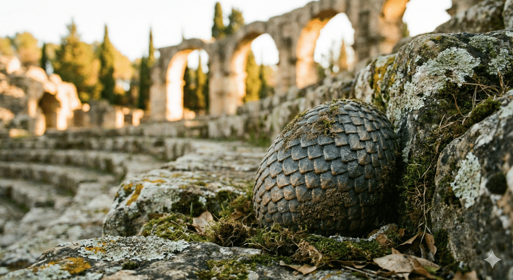 Para accesibilidad y SEO: Fotografía de primer plano de un huevo de dragón de atrezzo de la serie Juego de Tronos, con textura escamada de piedra y bronce, anidado de forma natural en una grieta con musgo de las gradas de piedra del anfiteatro romano de Itálica. La luz es cálida y el fondo está desenfocado.