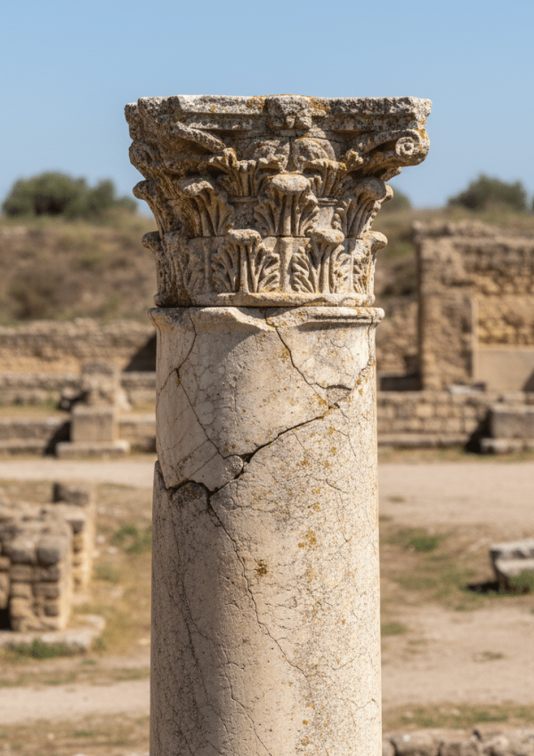 Fotografía realista y detallada de una antigua columna romana de piedra, muy erosionada y agrietada, de pie bajo el sol intenso en las ruinas arqueológicas de Itálica, Sevilla.