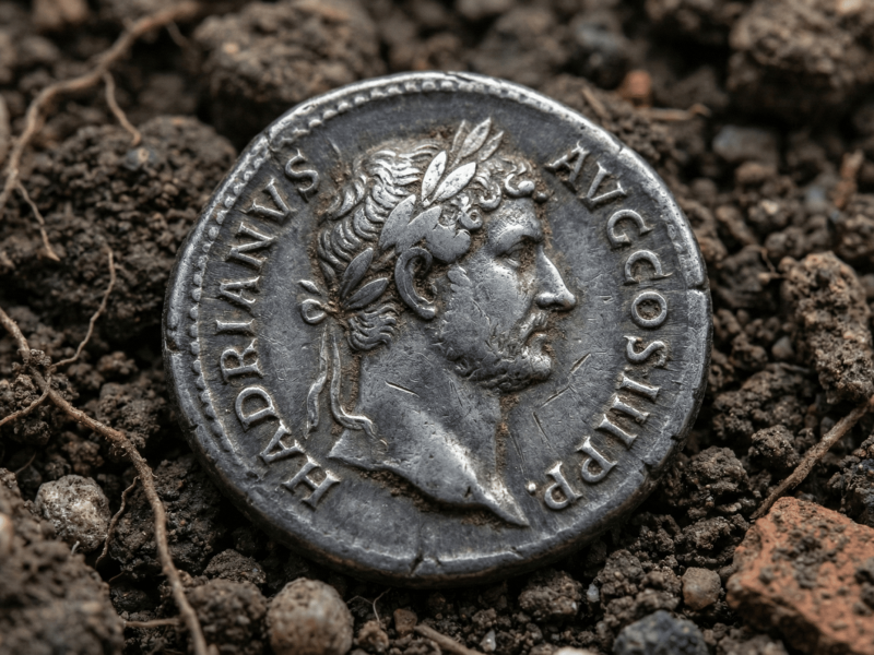 Fotografía macro en primer plano de una antigua moneda de plata romana (un denario) desgastada y cubierta de tierra, que muestra el perfil del emperador Adriano, descansando sobre suelo oscuro.