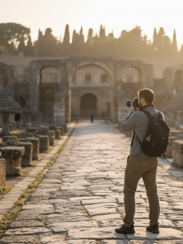 Fotógrafo aficionado capturando las ruinas de Itálica al atardecer durante un tour privado personalizado.