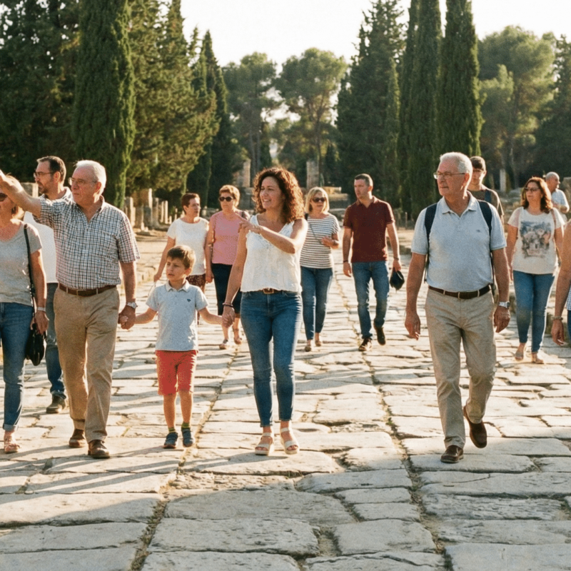 Grupo de turistas disfrutando de visitas guiadas Italica en el anfiteatro