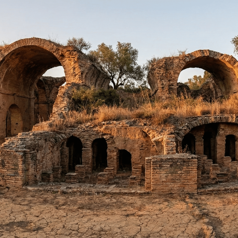 Fotografía de paisaje gran angular al atardecer de las ruinas de las Termas Mayores en Itálica, mostrando grandes arcos de ladrillo roto y muros de hormigón antiguo bajo una luz cálida y dorada, rodeados de vegetación seca.