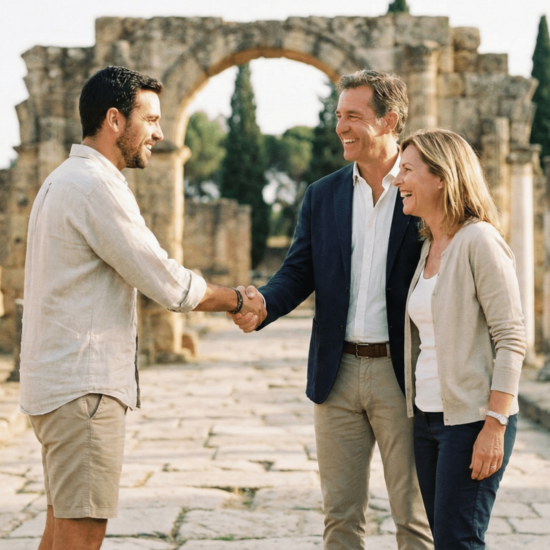 Pareja disfrutando de una visita privada Italica exclusiva con guía oficial en el anfiteatro