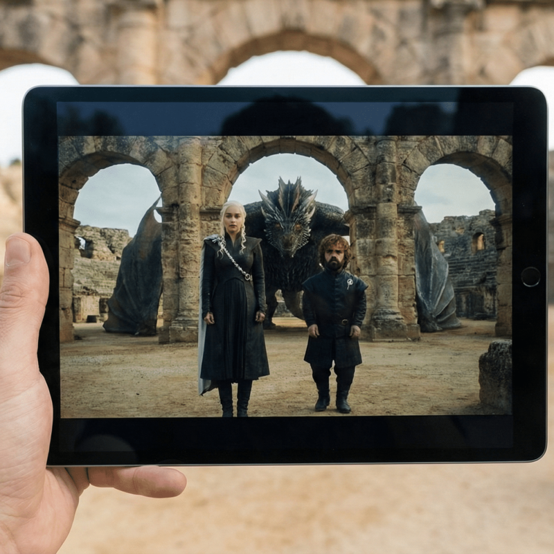 Fotografía de primer plano (plano detalle) de una mano sosteniendo una tablet frente a las ruinas reales del anfiteatro de Itálica. La pantalla iluminada muestra un fotograma exacto de la serie Juego de Tronos con personajes y un dragón, perfectamente alineado con la arquitectura de piedra del fondo real para crear una ilusión de continuidad.
