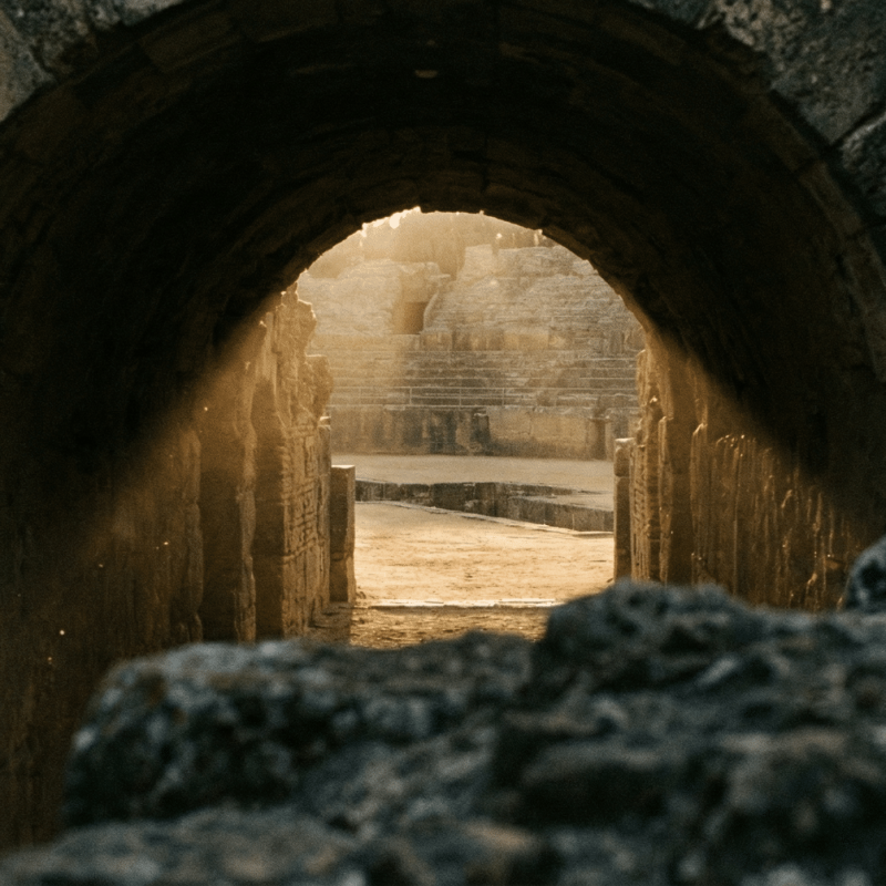 Fotografía atmosférica tomada desde el interior oscuro de un arco de piedra en ruinas en el anfiteatro de Itálica, que enmarca una vista lejana y soleada de la arena vacía, creando una sensación de espiar el pasado.